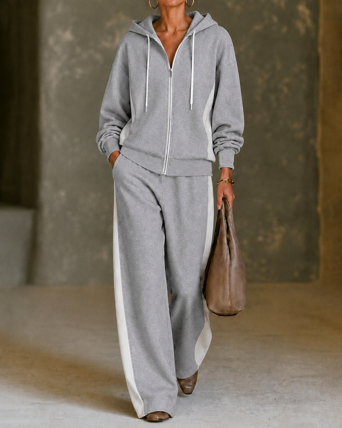 Womens 2 piece zip sweatshirt wide leg set with color block design and soft terry knit