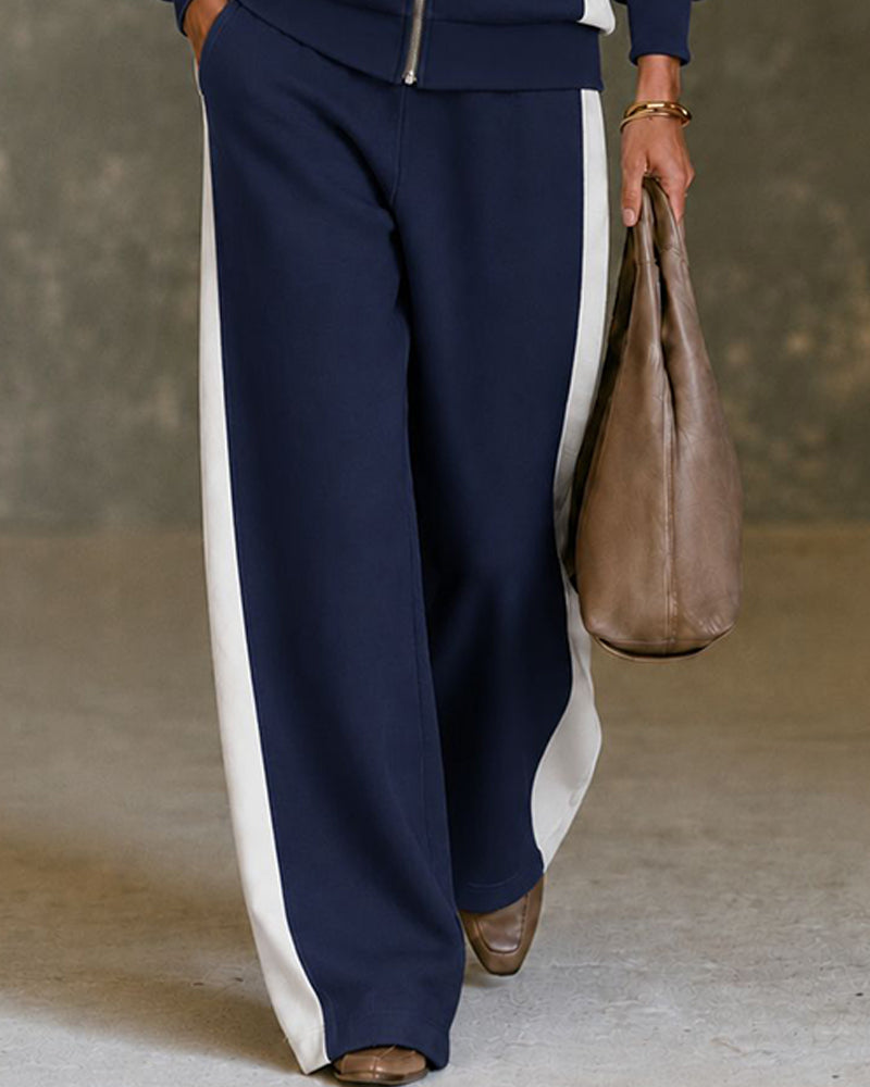 Womens 2 piece zip sweatshirt wide leg set with color block design and soft terry knit