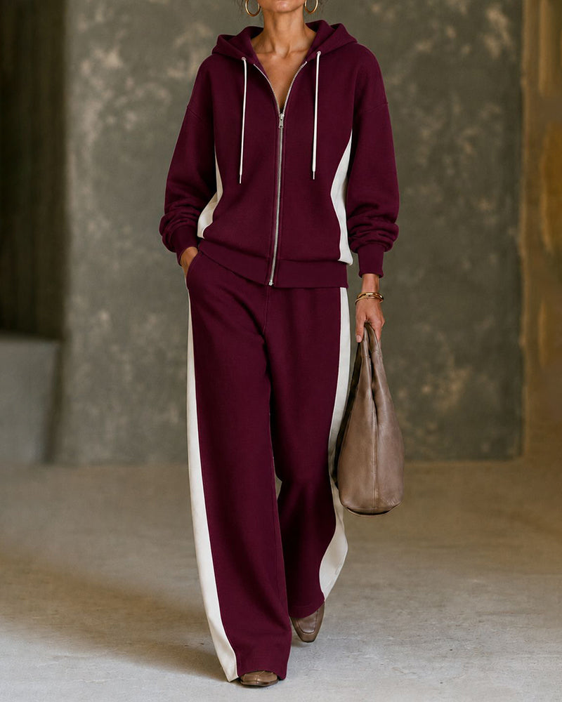 Womens 2 piece zip sweatshirt wide leg set with color block design and soft terry knit
