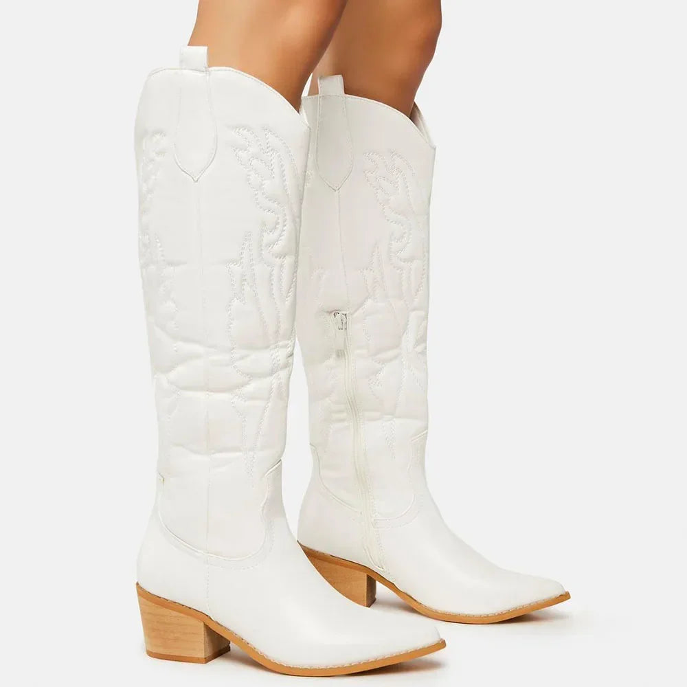 Womens knee high cowboy boots western with pointed toe and embroidered detail