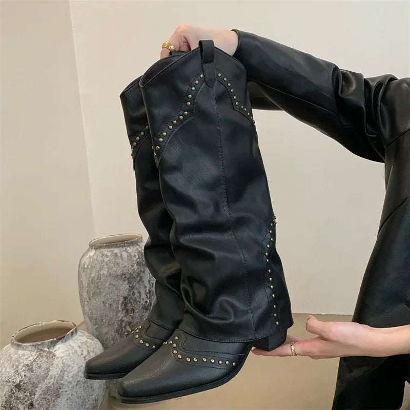 Womens knee high cowboy boots with square heel and retro style