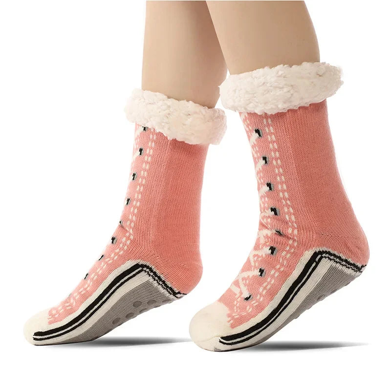 Teddy slipper socks for women with non-slip grips and plush lining