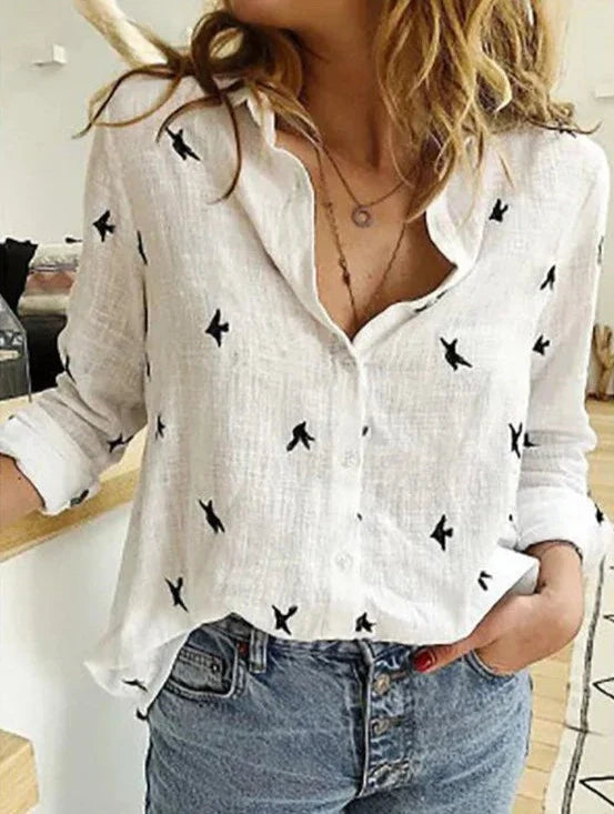 Women's Linen Blouse | Button-Down Bird Print, Long Sleeve