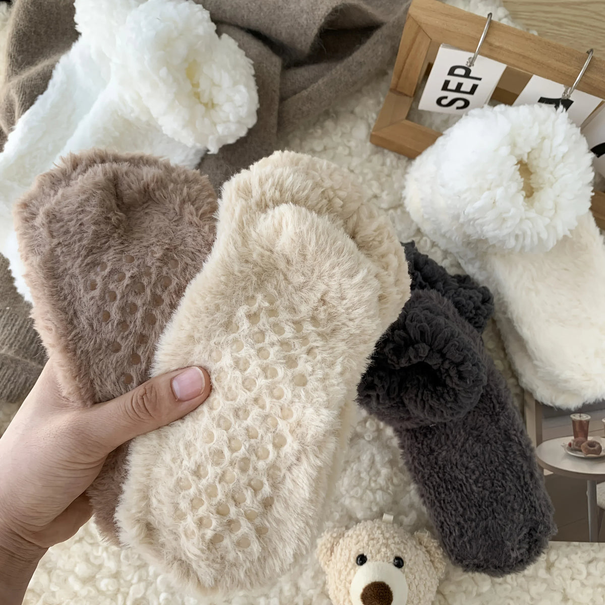 Teddy slipper socks for women thick plush lamb velvet, warm winter