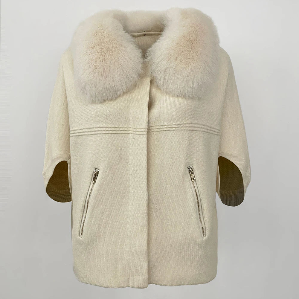 Women knit cardigan with faux fur collar and three quarter sleeves