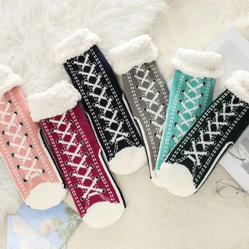 Teddy slipper socks for women with non-slip grips and plush lining