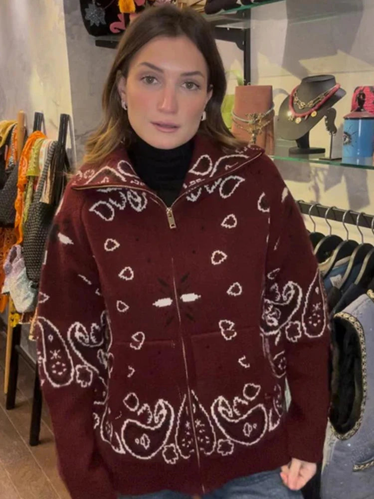 Women knit jacquard cardigan zip up stand collar loose fit full sleeve