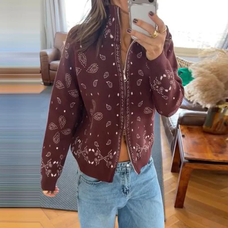 Women knit print cardigan with zip closure and turtleneck long sleeve