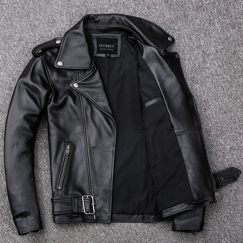 Mens leather jacket genuine cowhide motorcycle biker style with zipper front