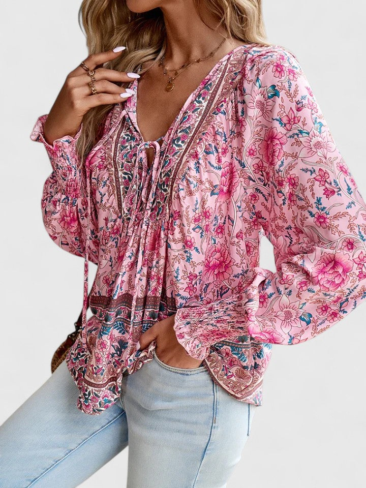 Women's Linen Blouse | Floral Boho, V-Neck Puff Sleeve