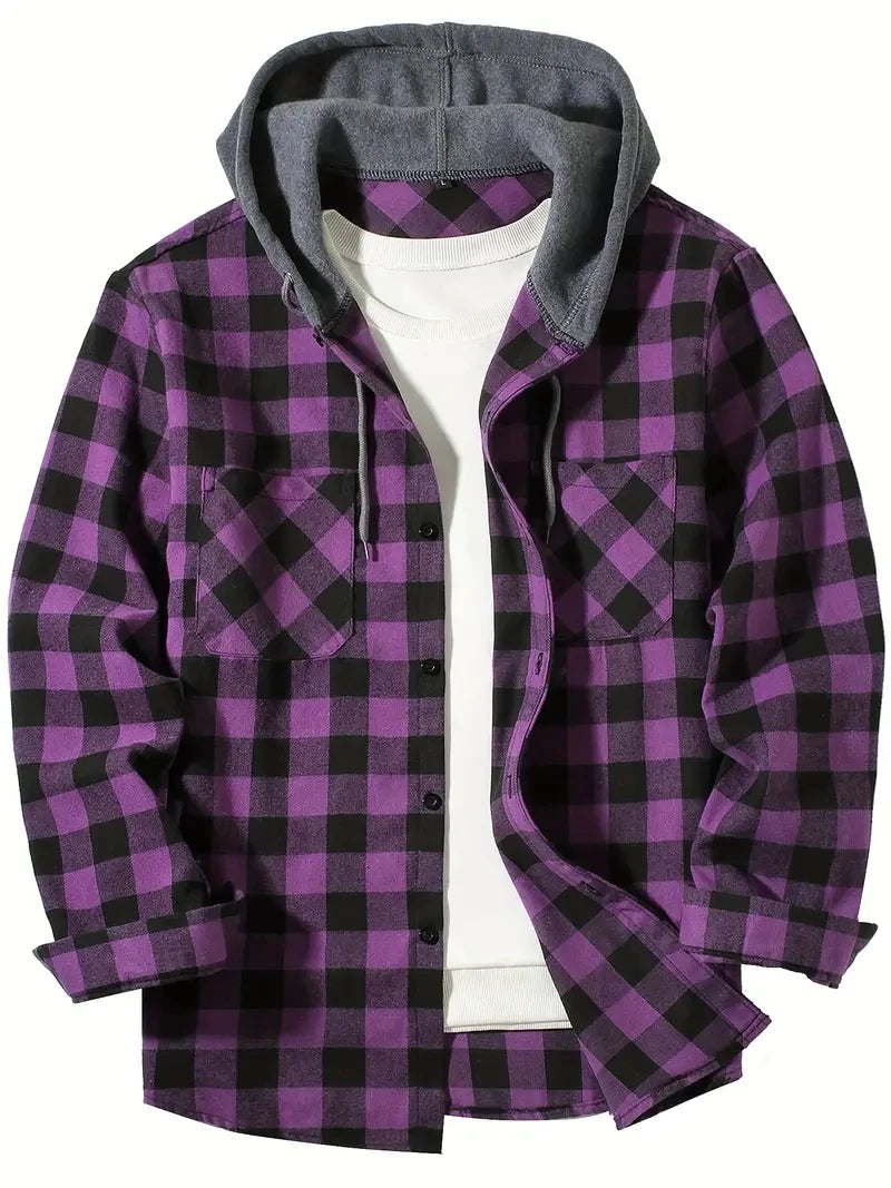 Mens plaid hooded jacket slim fit long sleeve, casual style