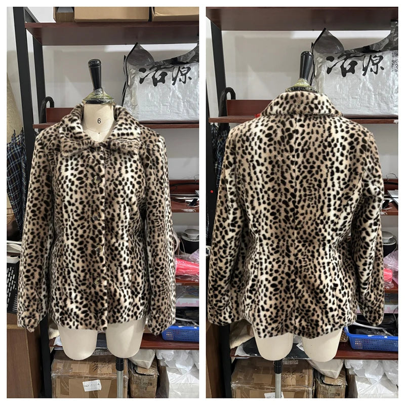 Womens leopard print coat with long sleeves and single breasted winter style