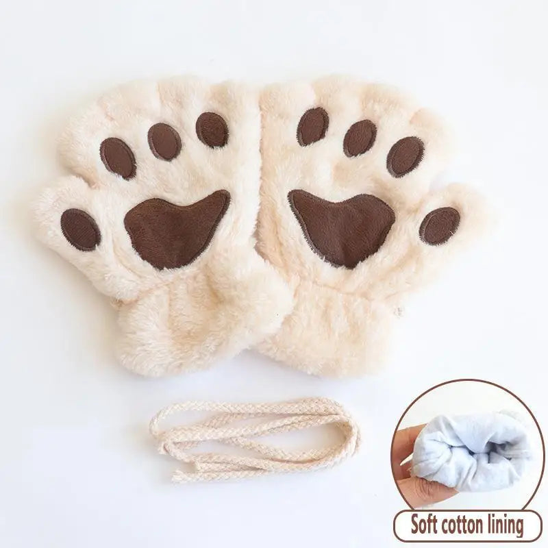 Women girls plush fingerless winter gloves cat paw design with anti-loss cord
