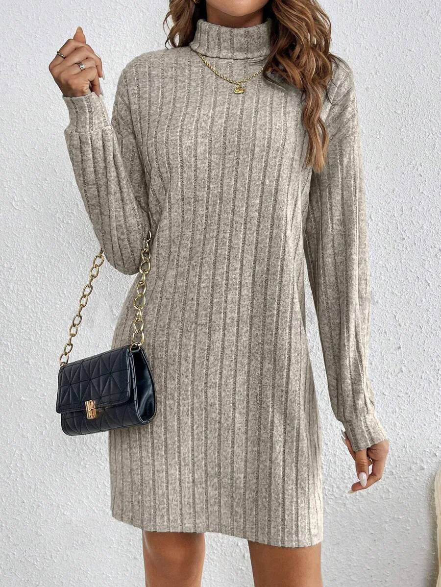 Women ribbed knit turtleneck mini dress long sleeve fitted silhouette