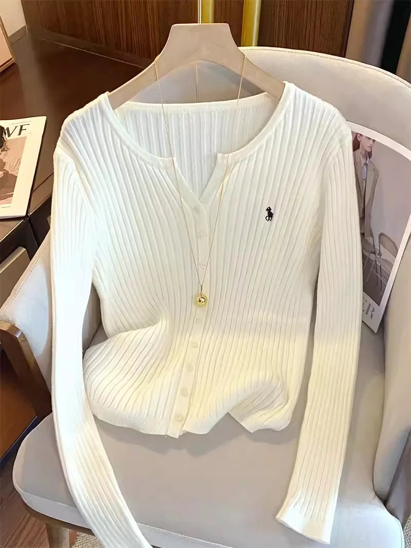 Women knit cardigan long sleeve Y2K embroidered sweater in black khaki white