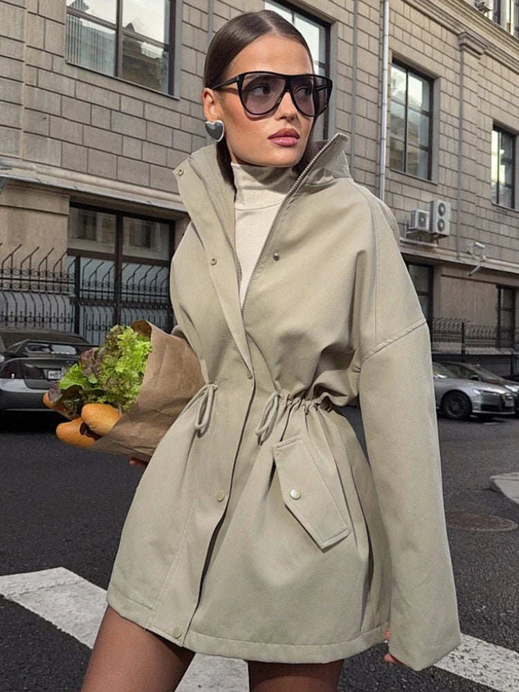 Women short parka stand collar drawstring waist relaxed fit