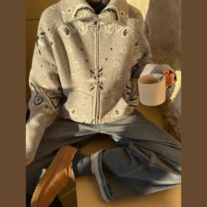 Women knit jacquard cardigan zip up stand collar loose fit full sleeve