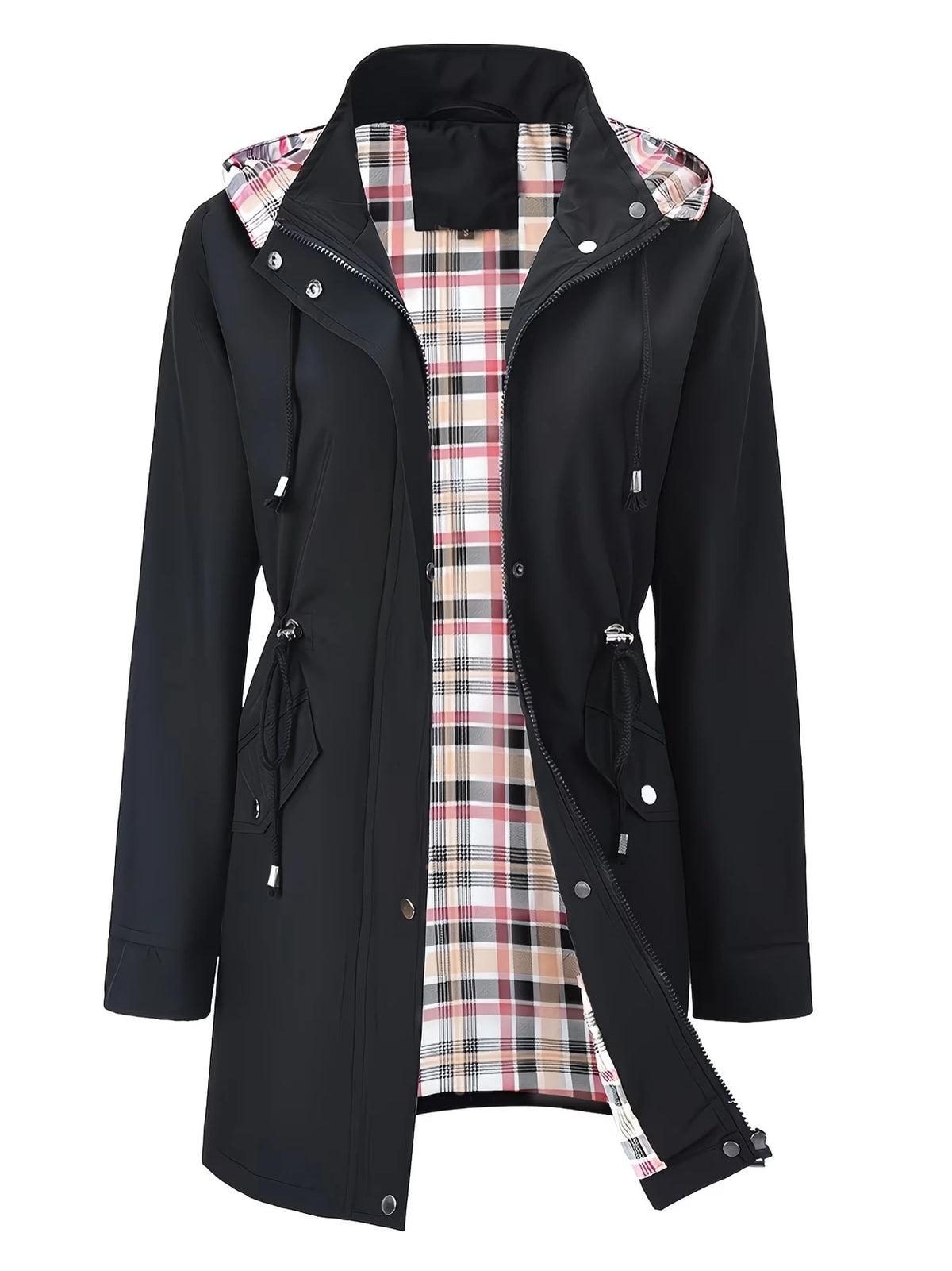 Women waterproof hooded trench jacket mid length zip front with plaid lining