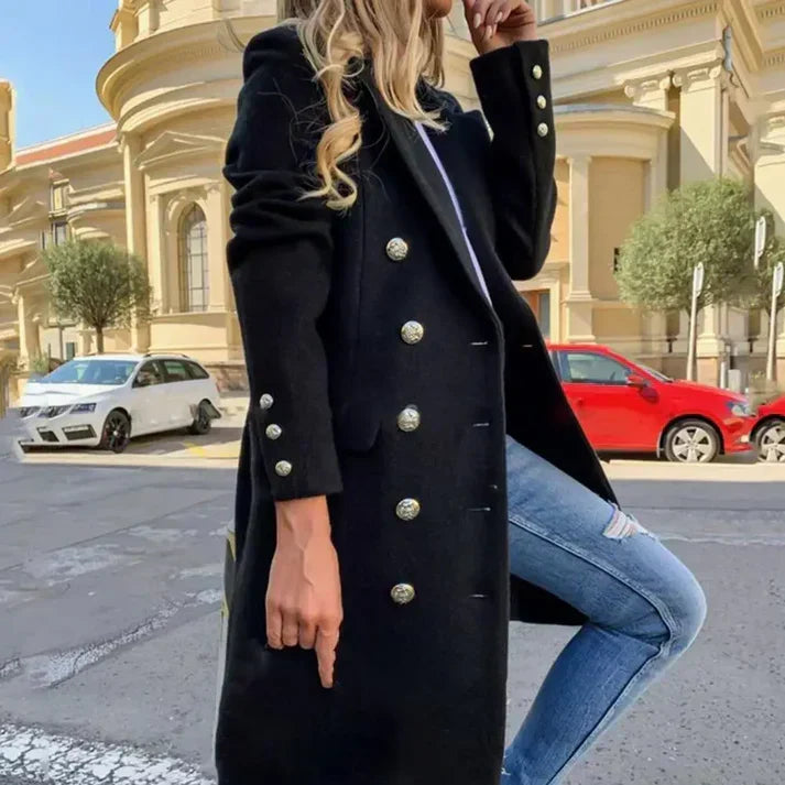 Women long button up coat with classic collar and side pockets