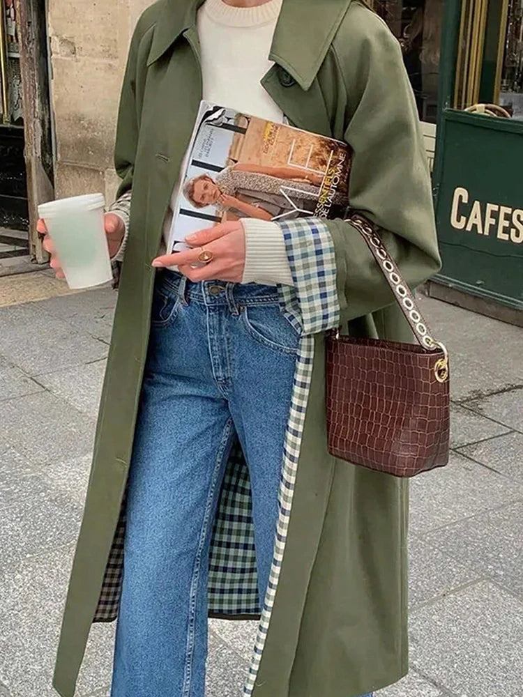Women waterproof jacket plaid lined long trench coat single breasted