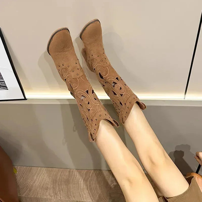 Womens knee high cowboy boots with chunky heel and embroidered detail