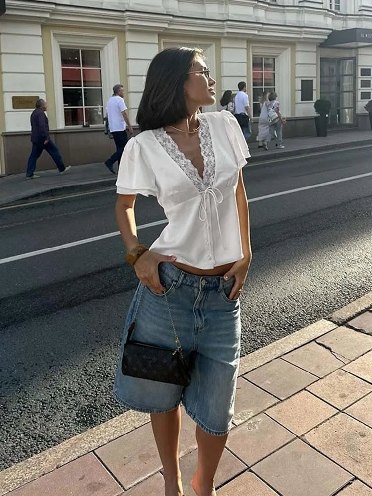 Women's Lace Top | V-Neck, Short Sleeves | Summer Satin Style