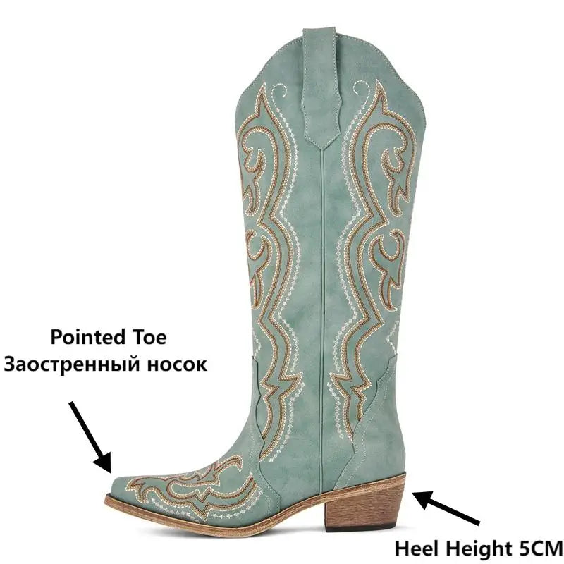 Women's Cowboy Boots | Knee High, Western Embroidery, Thick Heel