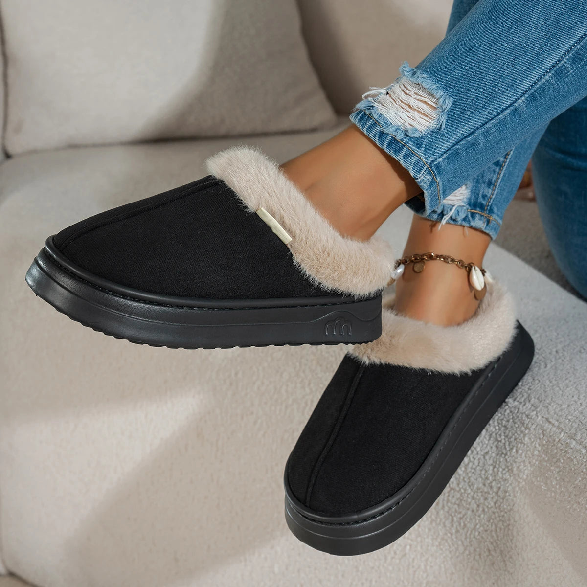 Women slipper boots fuzzy warm indoor anti-slip flat pull-on