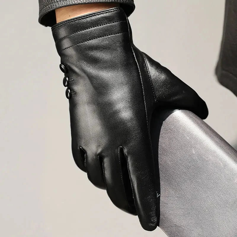 Men sheepskin leather winter gloves fleece lined driving style