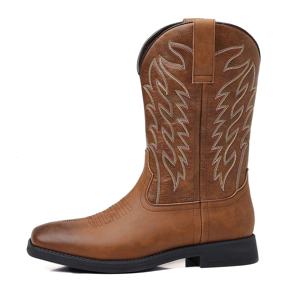 Men's Classic Embroidered Cowboy Boots - Mid-Calf - Square Toe