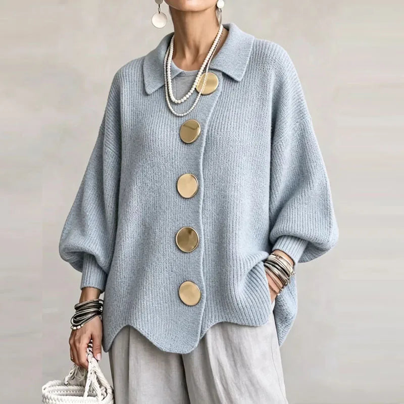 Women ribbed knit cardigan oversized gold buttons balloon sleeves scalloped hem