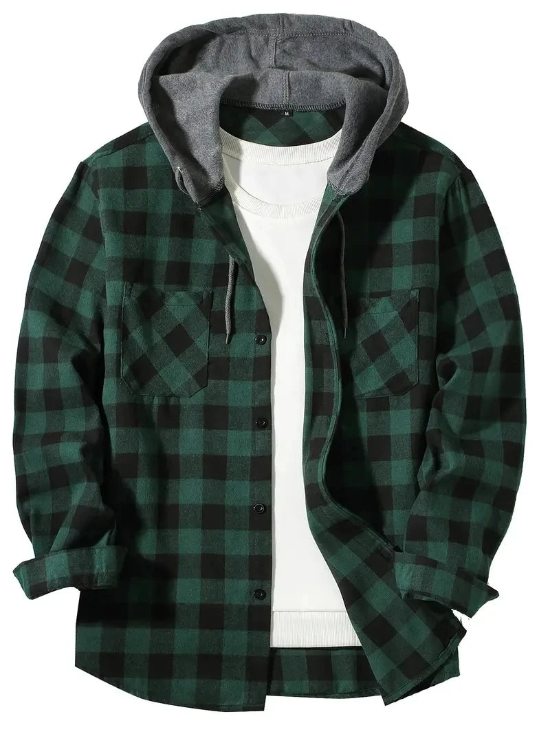 Mens plaid hooded jacket slim fit long sleeve, casual style