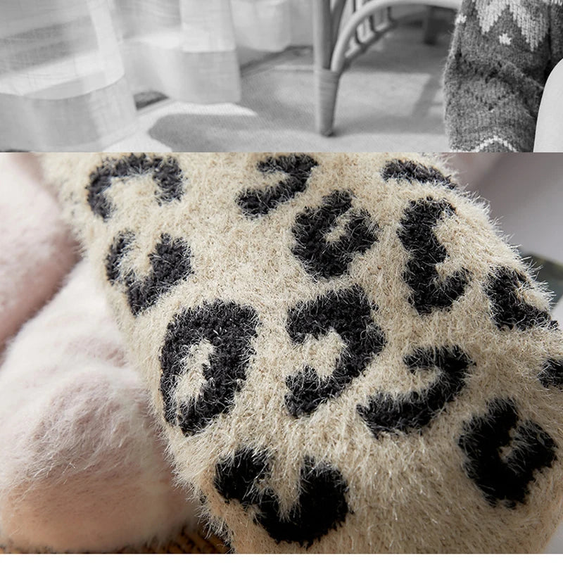Teddy slipper socks women leopard print fluffy thermal winter