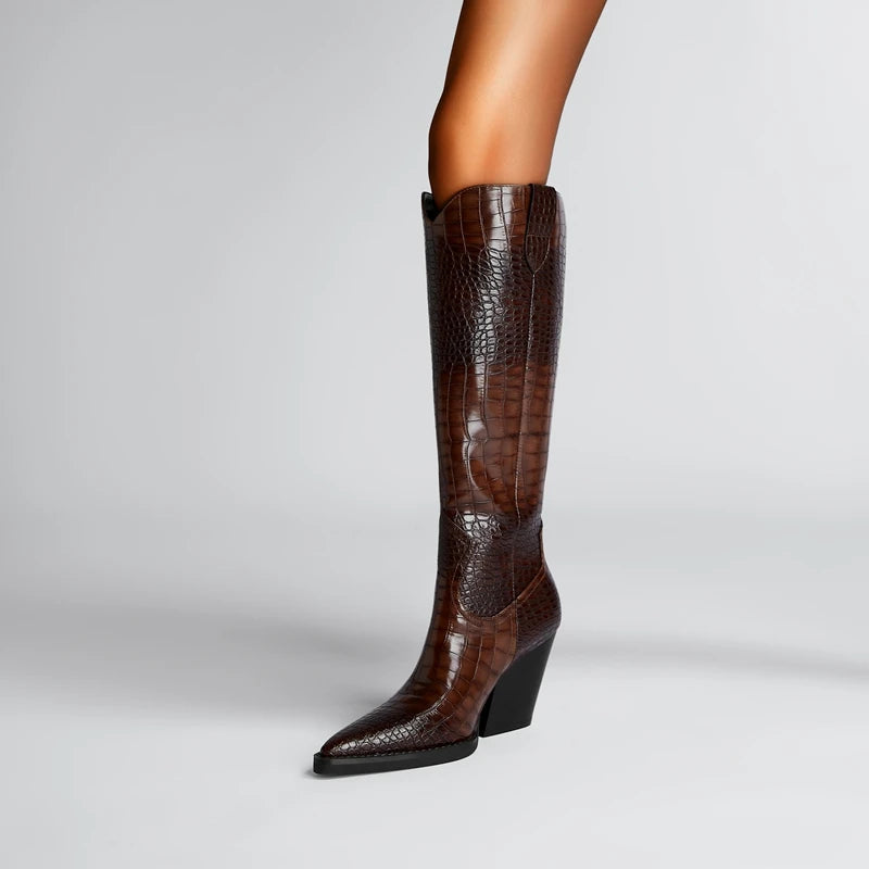 Womens knee high cowboy boots with pointed toe, chunky heel and waterproof upper