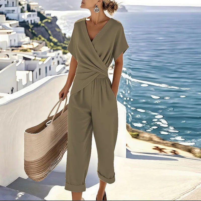 Women's Two-Piece Set | Wrap Top & Tapered Pants | Casual