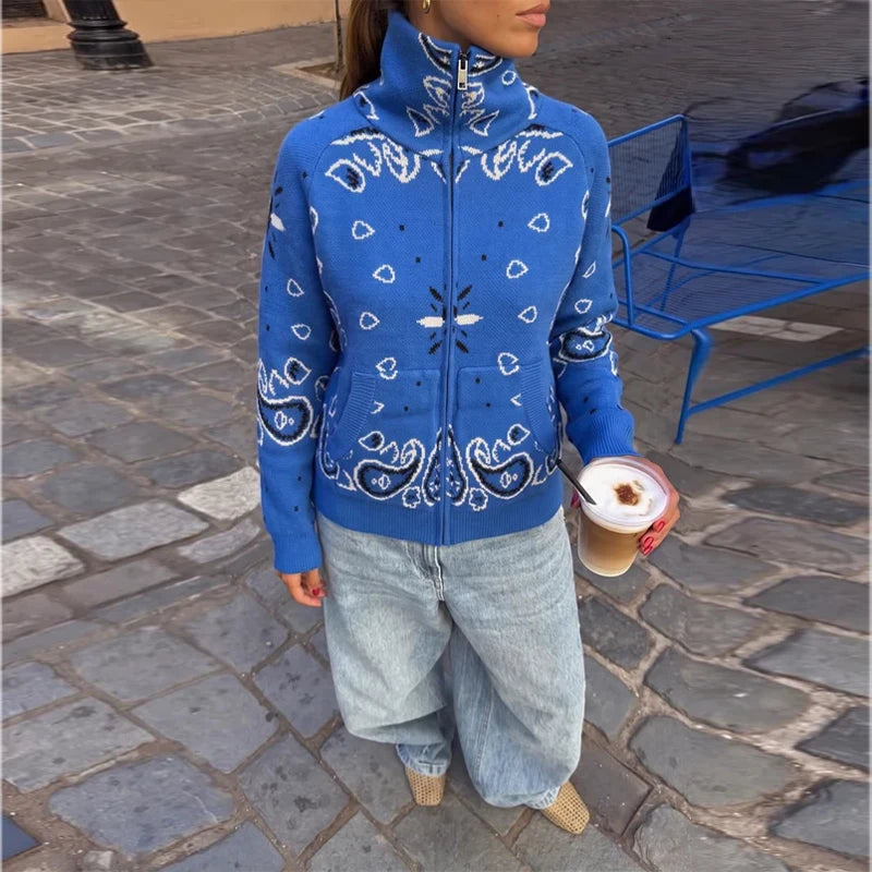 Women knit print cardigan with zip closure and turtleneck long sleeve