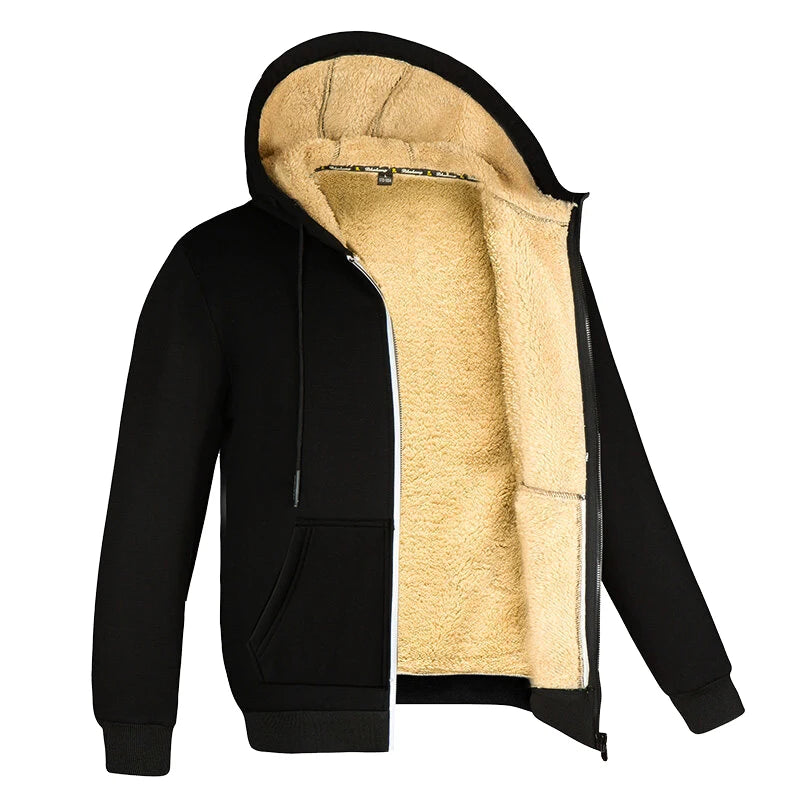 Thermal fleece jacket men women hooded with zipper, black winter coat