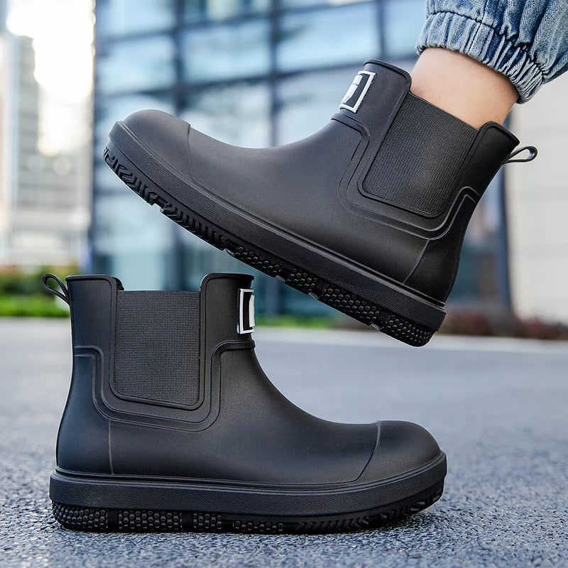 Men ankle rain boots slip on waterproof wellies non-slip outsole