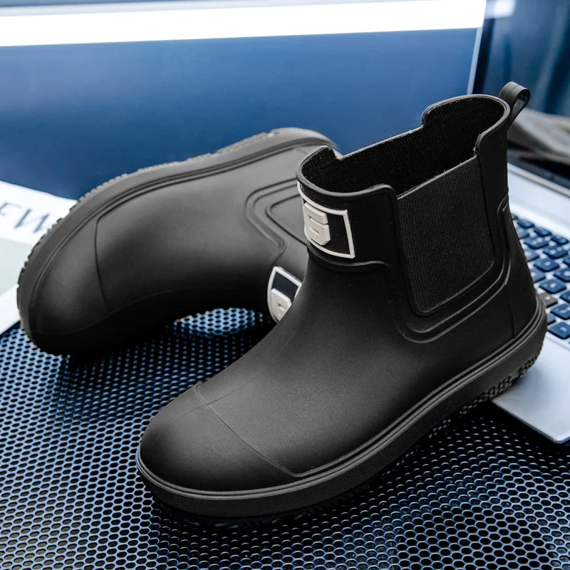 Men ankle rain boots slip on waterproof wellies non-slip outsole