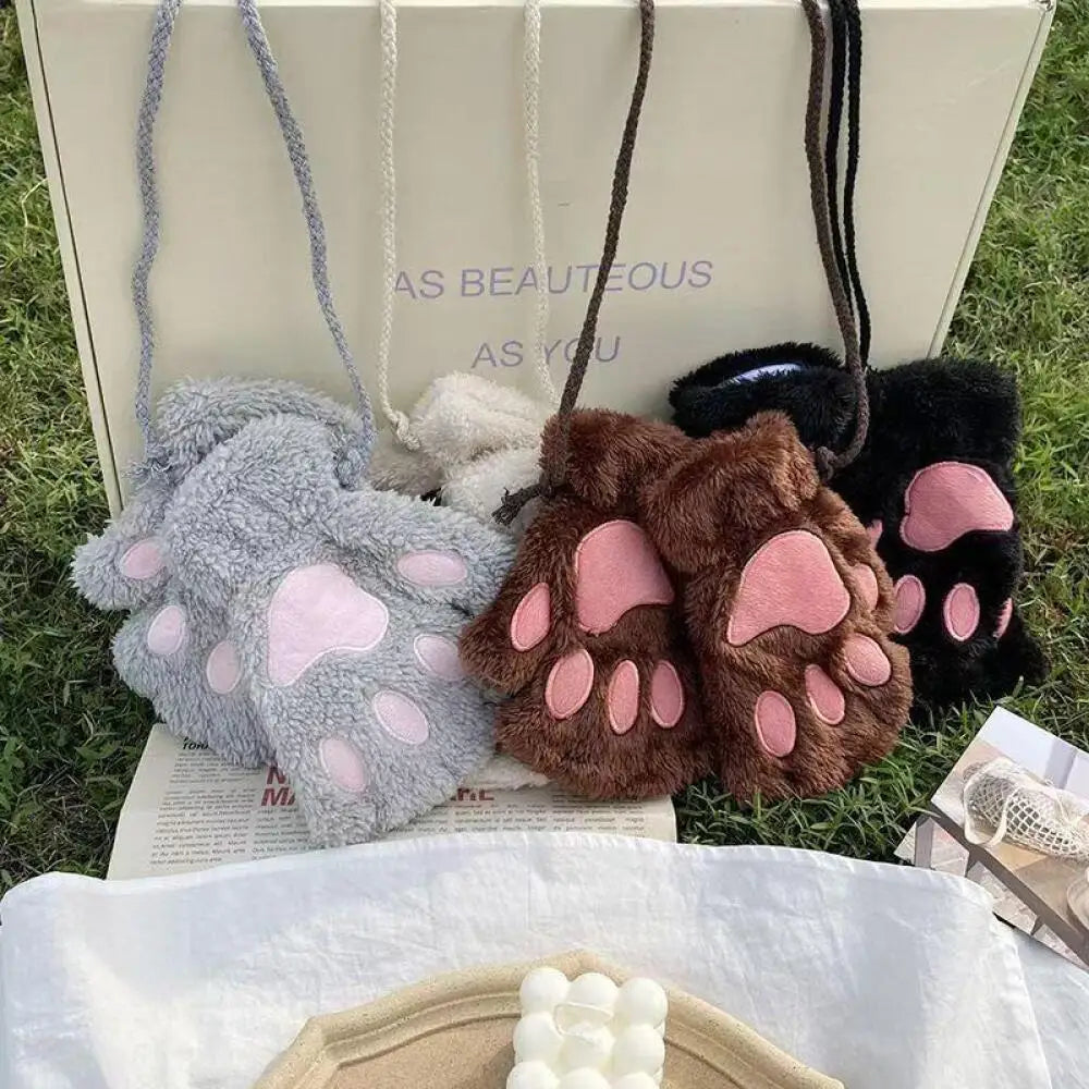 Women girls plush fingerless winter gloves cat paw design with anti-loss cord