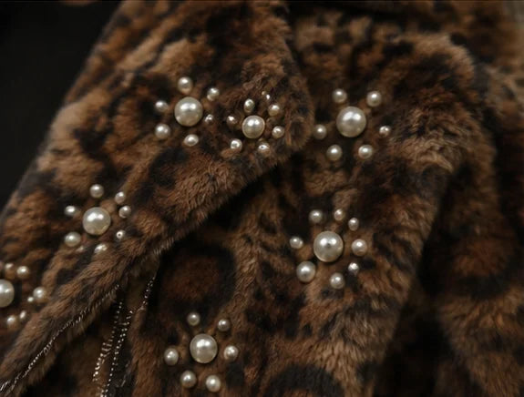 Womens leopard print jacket with pearl lapel, casual short winter style