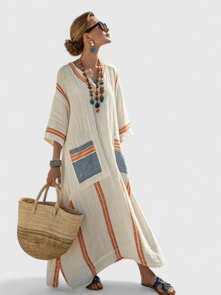 Women's Maxi Dress | Cotton Kaftan with Stripe Detail | V-Neck