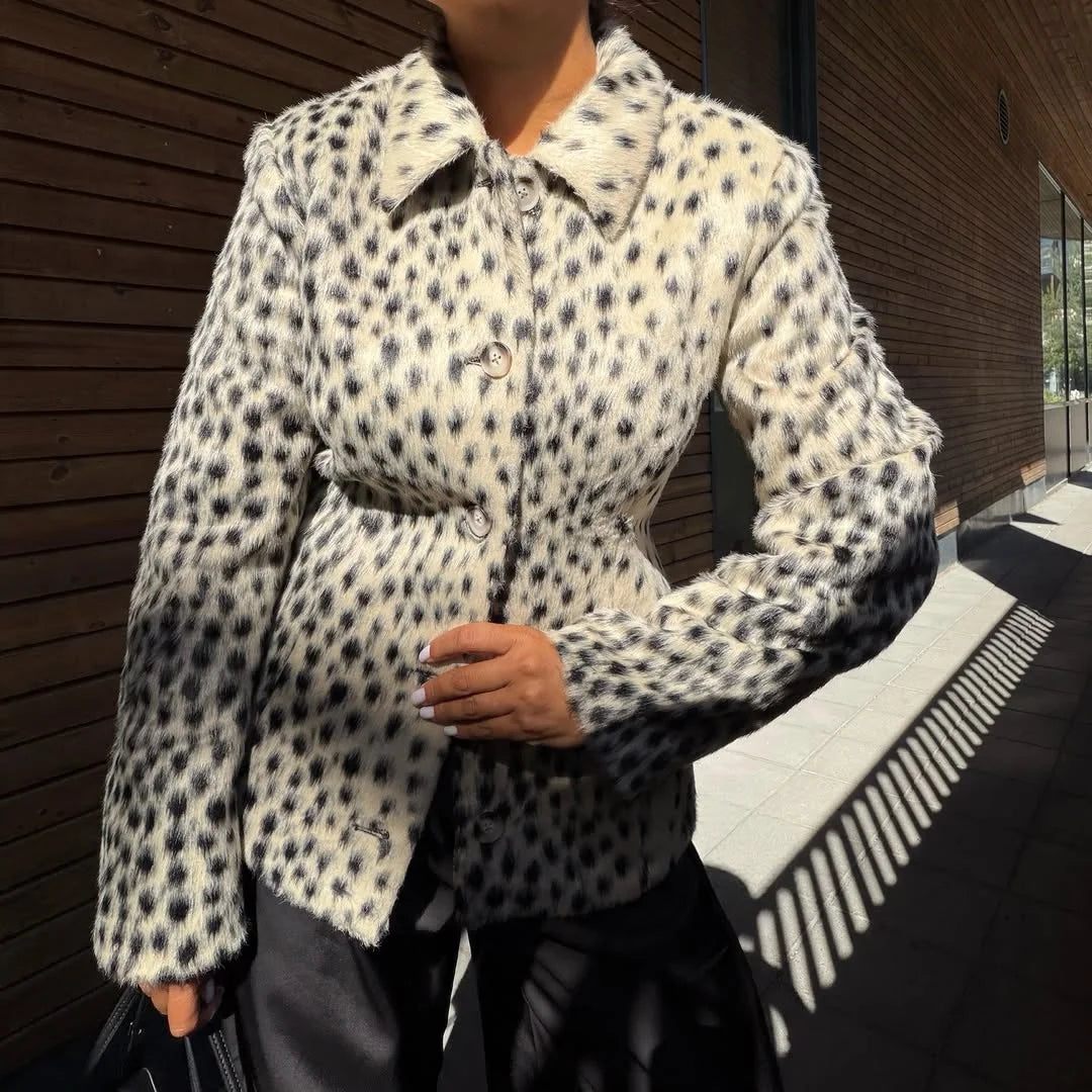 Womens leopard print coat with long sleeves and single breasted winter style