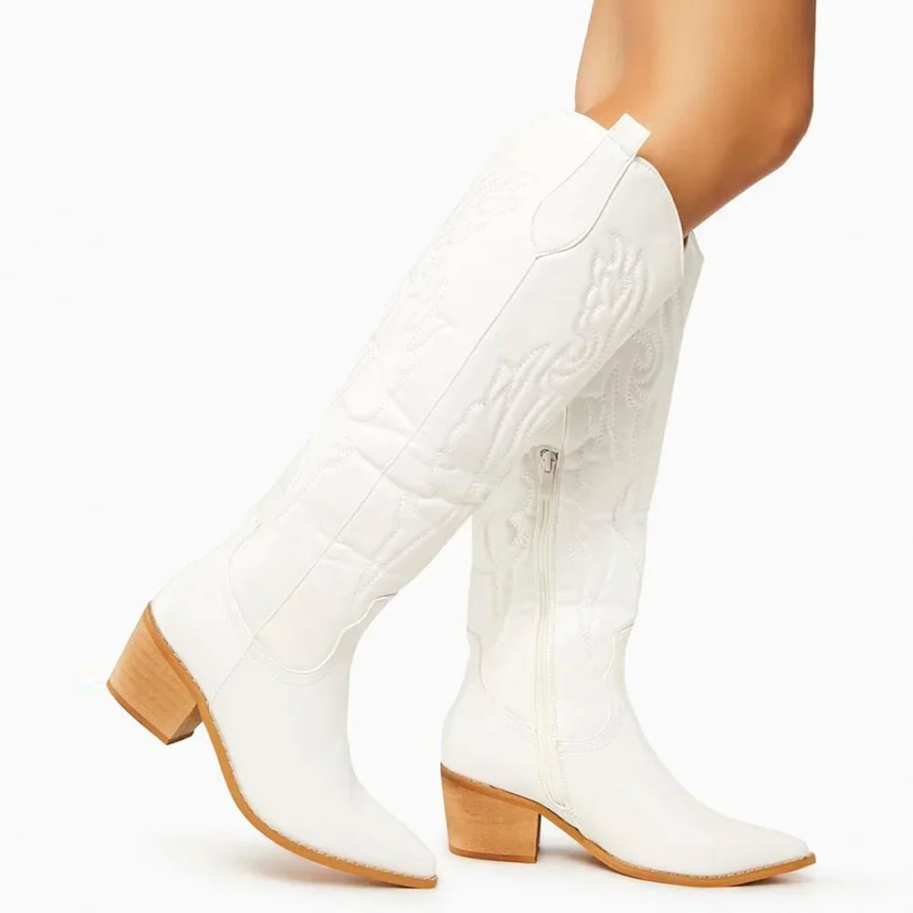 Womens knee high cowboy boots western with pointed toe and embroidered detail