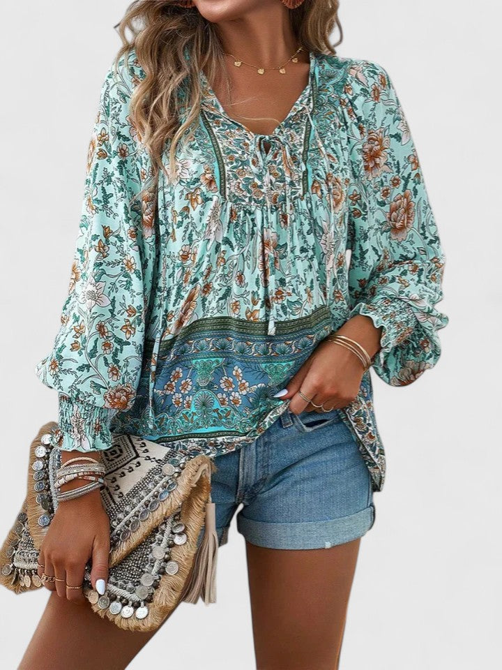 Women's Linen Blouse | Floral Boho, V-Neck Puff Sleeve