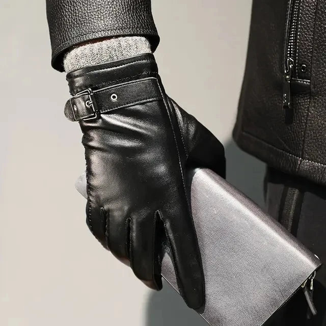 Men sheepskin leather winter gloves fleece lined driving style