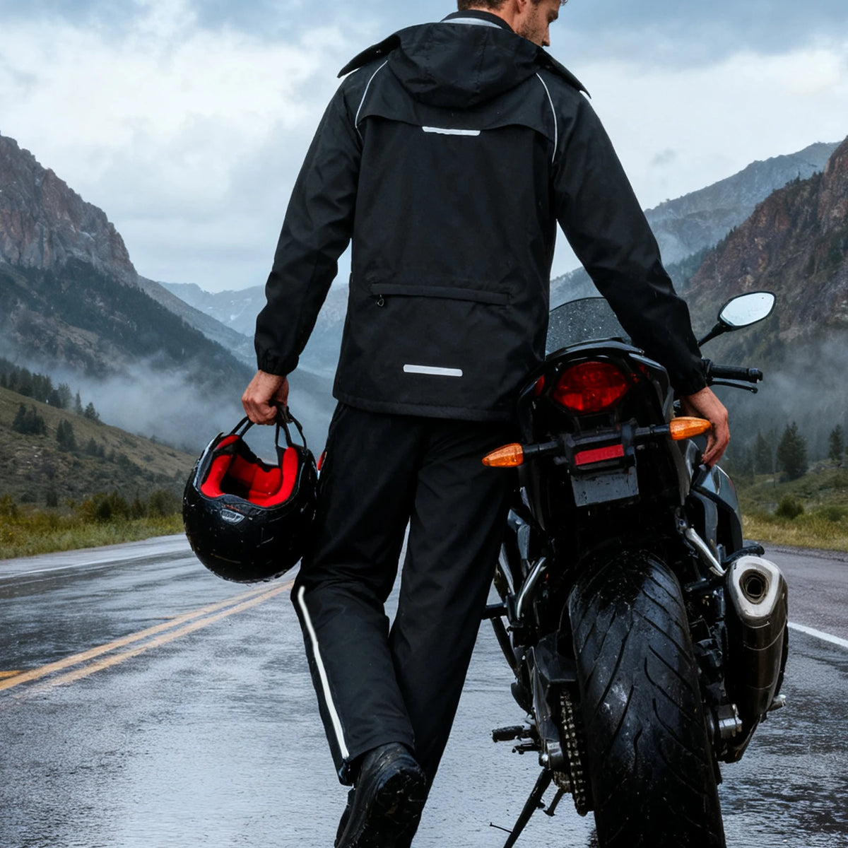 Unisex waterproof rain jacket and pants set with 360 degree reflective stripes