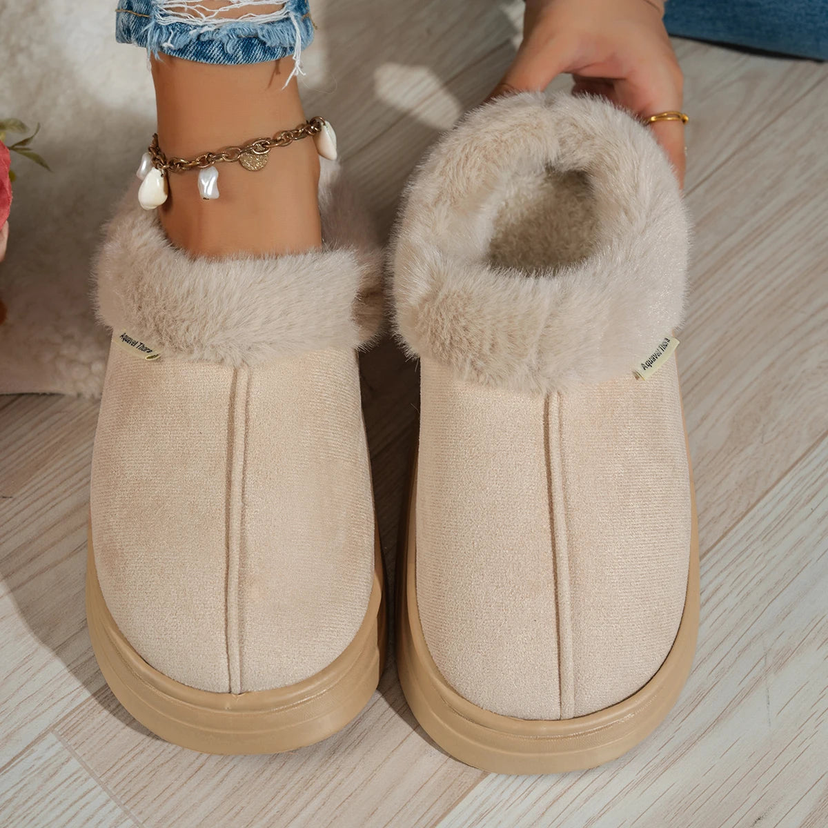 Women slipper boots fuzzy warm indoor anti-slip flat pull-on