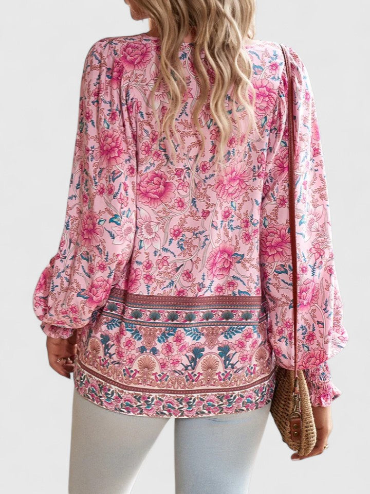 Women's Linen Blouse | Floral Boho, V-Neck Puff Sleeve