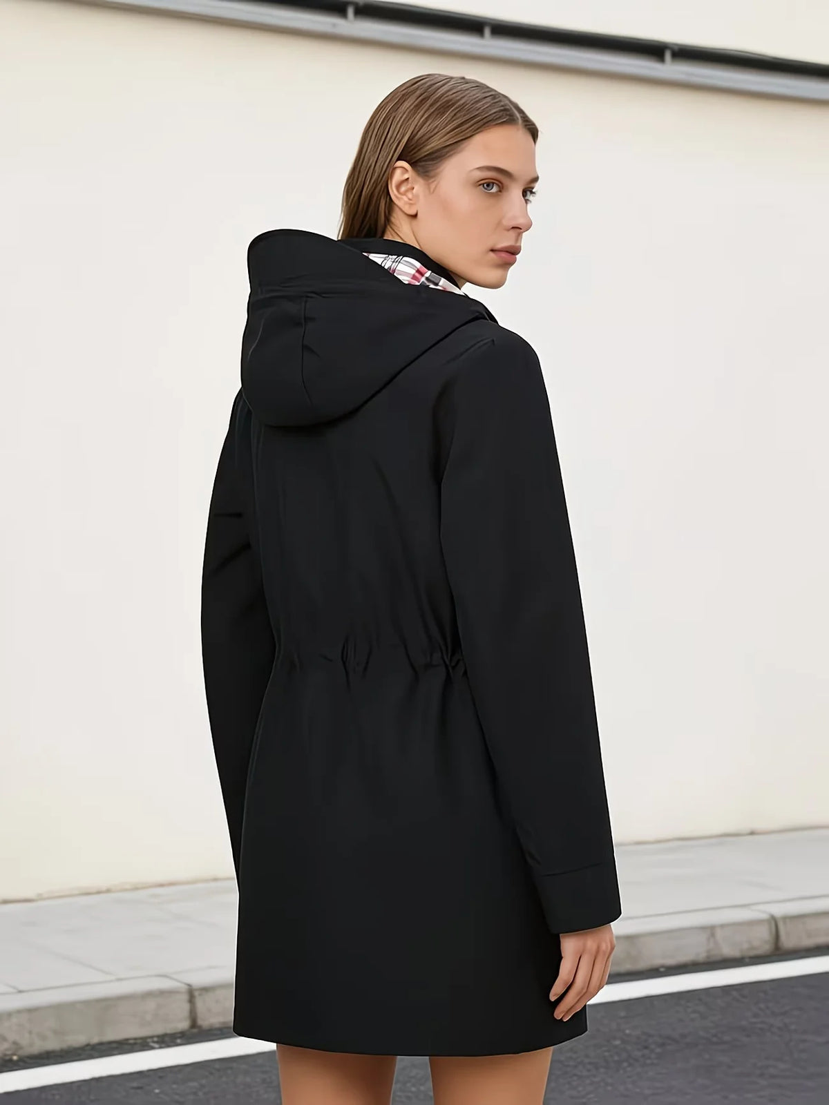 Women waterproof hooded trench jacket mid length zip front with plaid lining